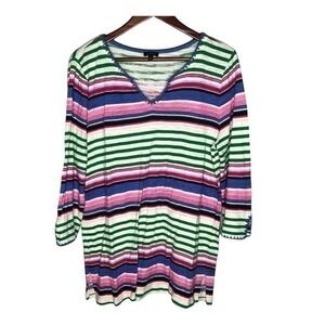 Talbots linen blend stripe tunic top blouse split neck white blue green pink